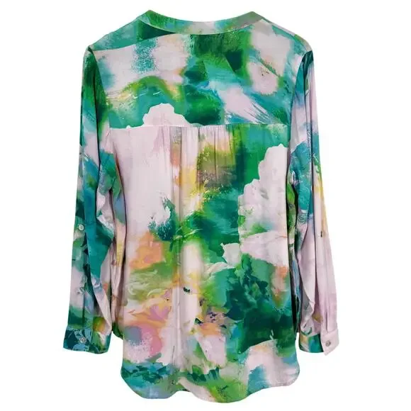 Anthropologie Fig & and Flower Large Pink Green Tropical Beach Blouse Shirt Top - Picture 8 of 8